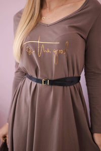 Dress with a decorative belt and an inscription 9160 / – Mocca цвет / color | Lexline Fashion
