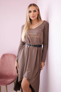 Dress with a decorative belt and an inscription 9160 / – Mocca цвет / color | Lexline Fashion