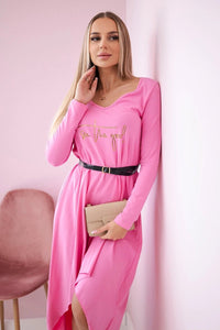 Dress with a decorative belt and an inscription 9160 / – Pink || Light цвет / color | Lexline Fashion