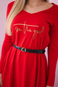 Dress with a decorative belt and an inscription 9160 / – Red цвет / color | Lexline Fashion