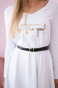 Dress with a decorative belt and an inscription 9160 / – White цвет / color | Lexline Fashion