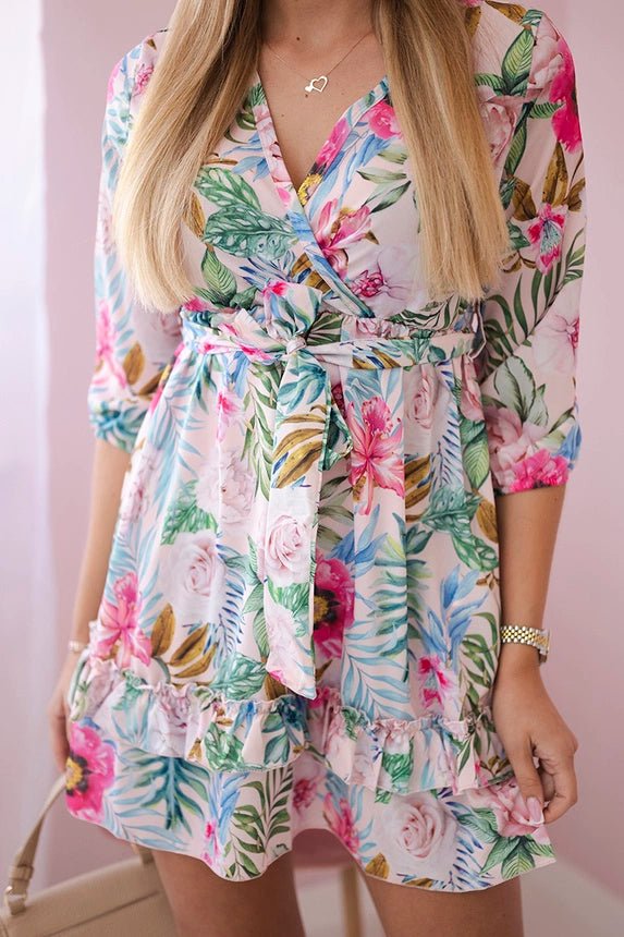 Floral dress with tie waist 9270 / – Powder цвет / color | Lexline Fashion