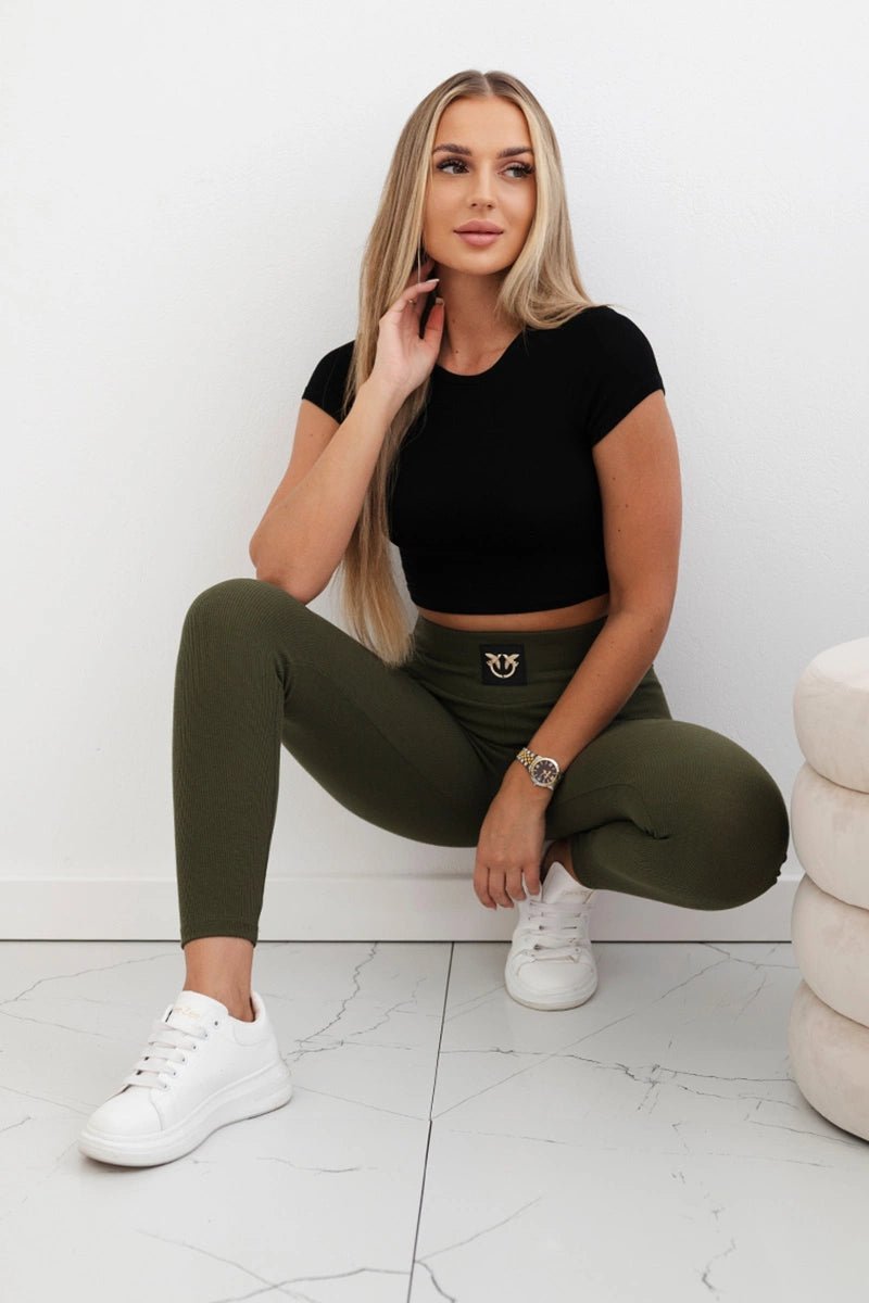 High waisted ribbed leggings 9440 / – Light || Beige цвет / color | Lexline Fashion