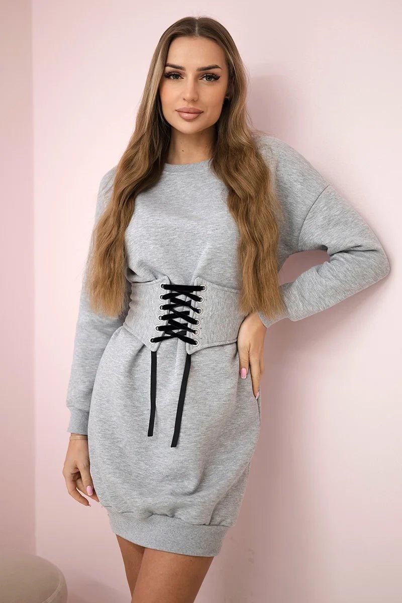 Insulated dress with a decorative belt 9362 / – Gray цвет / color | Lexline Fashion