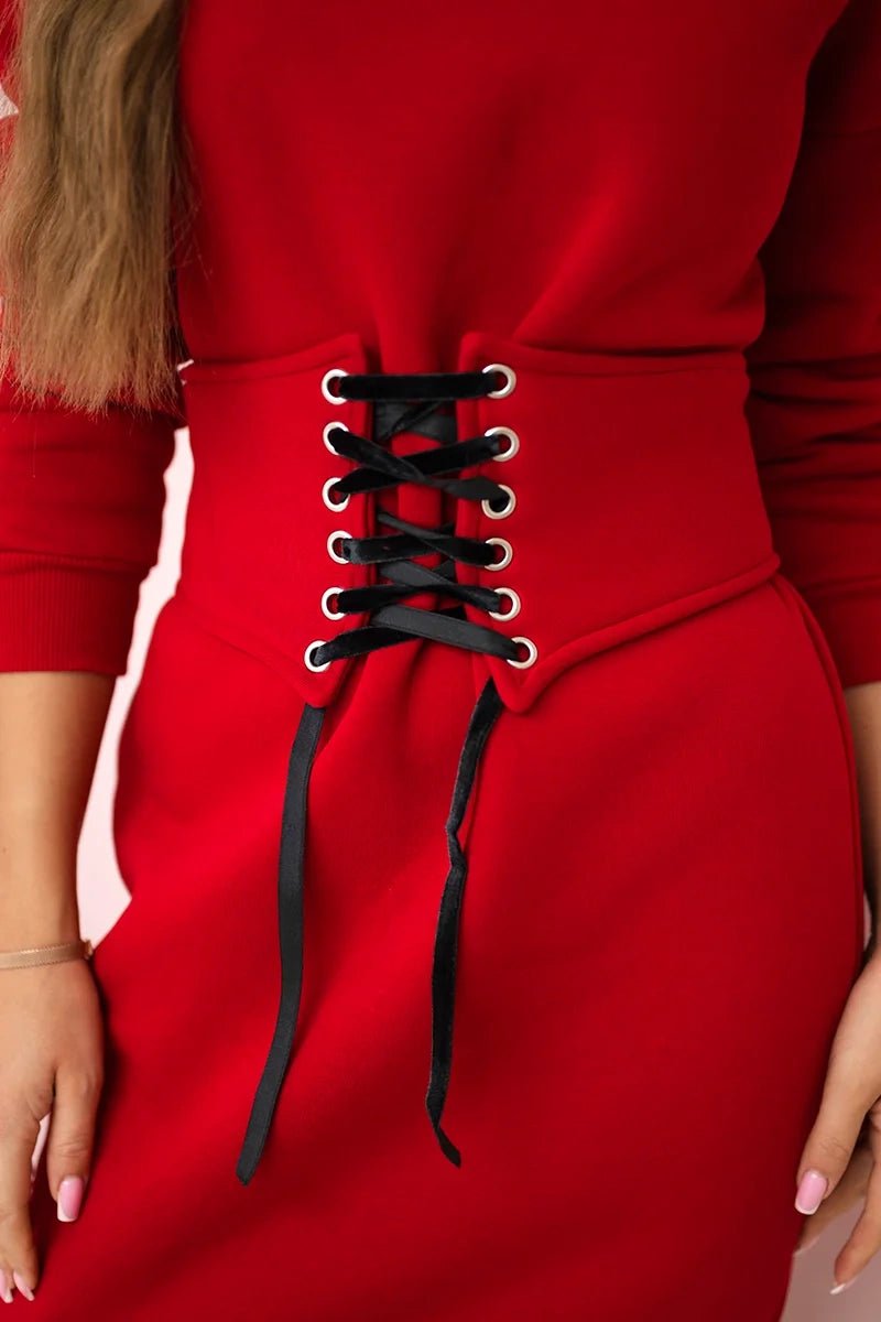 Insulated dress with a decorative belt 9362 / – Red цвет / color | Lexline Fashion