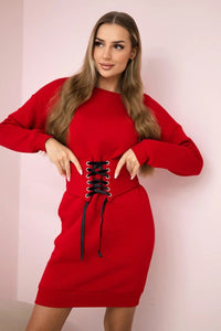 Insulated dress with a decorative belt 9362 / – Red цвет / color | Lexline Fashion