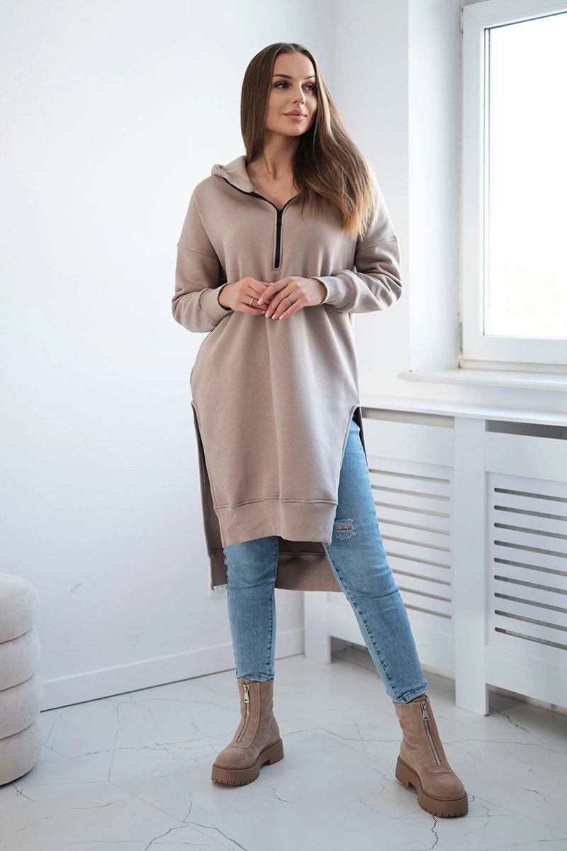 Insulated long hoodie with slits on the sides 9301 / – Beige цвет / color | Lexline Fashion