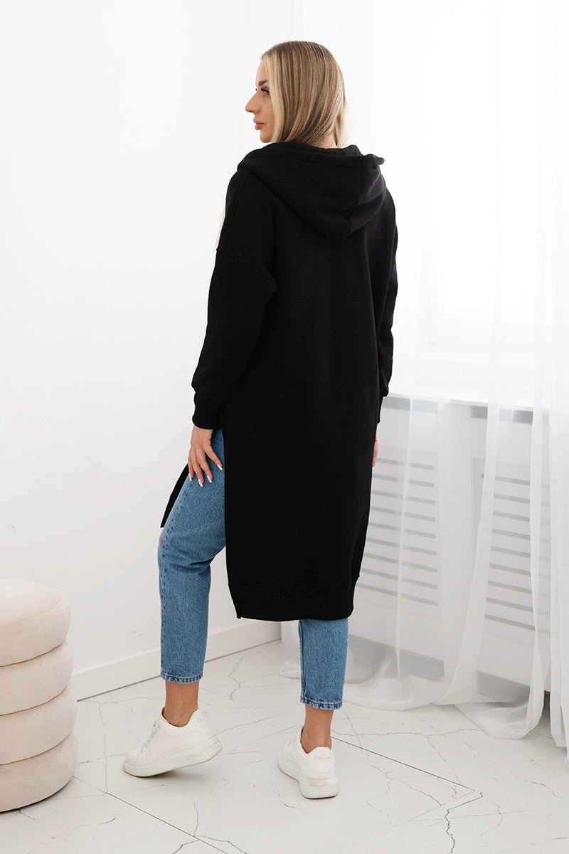 Insulated long hoodie with slits on the sides 9301 / – Black цвет / color | Lexline Fashion