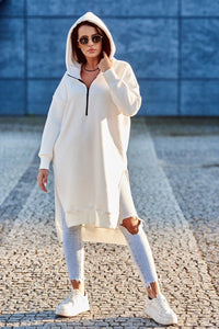 Insulated long hoodie with slits on the sides 9301 / – Ecru цвет / color | Lexline Fashion