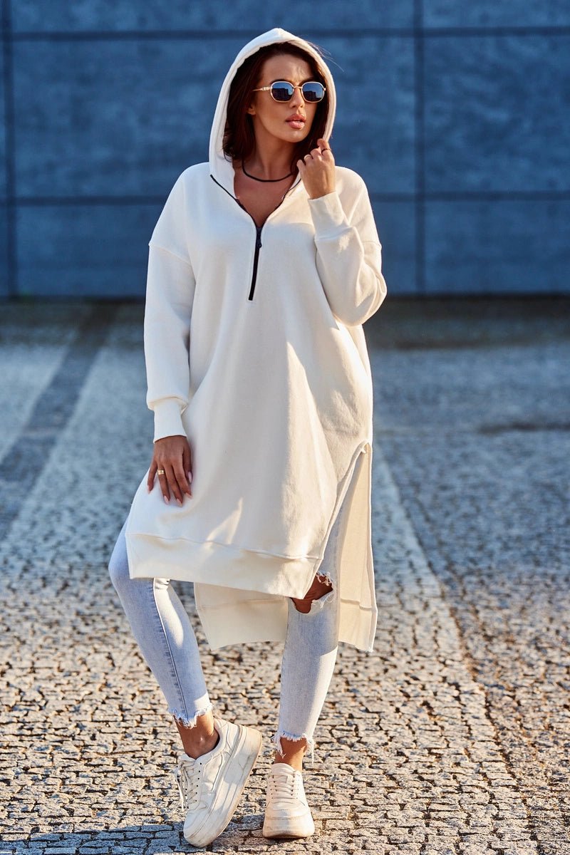 Insulated long hoodie with slits on the sides 9301 / – Ecru цвет / color | Lexline Fashion