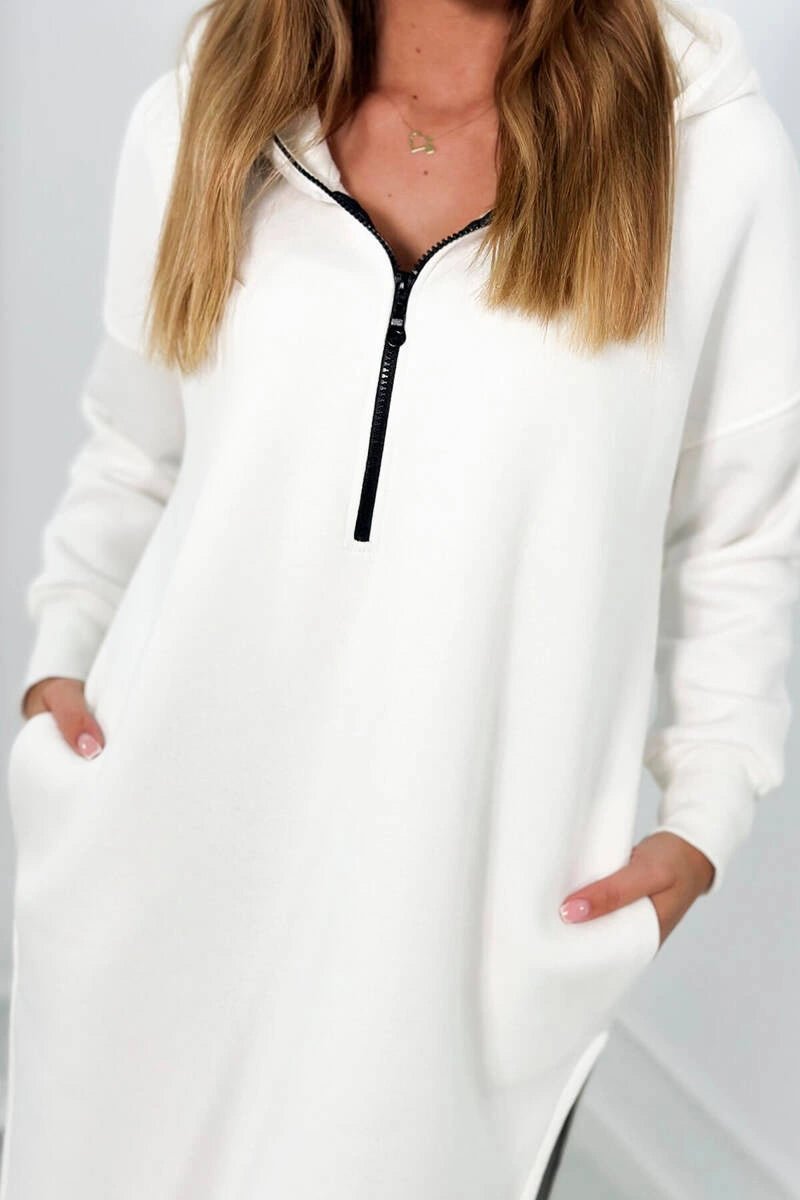 Insulated long hoodie with slits on the sides 9301 / – Ecru цвет / color | Lexline Fashion