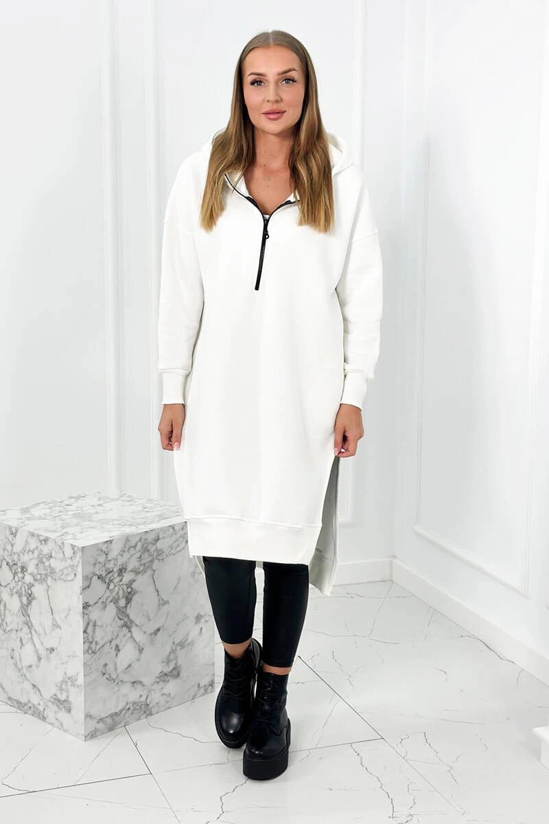 Insulated long hoodie with slits on the sides 9301 / – Ecru цвет / color | Lexline Fashion