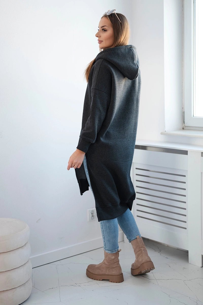 Insulated long hoodie with slits on the sides 9301 / – Graphite цвет / color | Lexline Fashion
