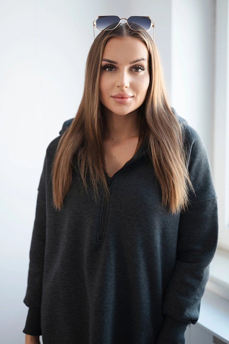 Insulated long hoodie with slits on the sides 9301 / – Graphite цвет / color | Lexline Fashion