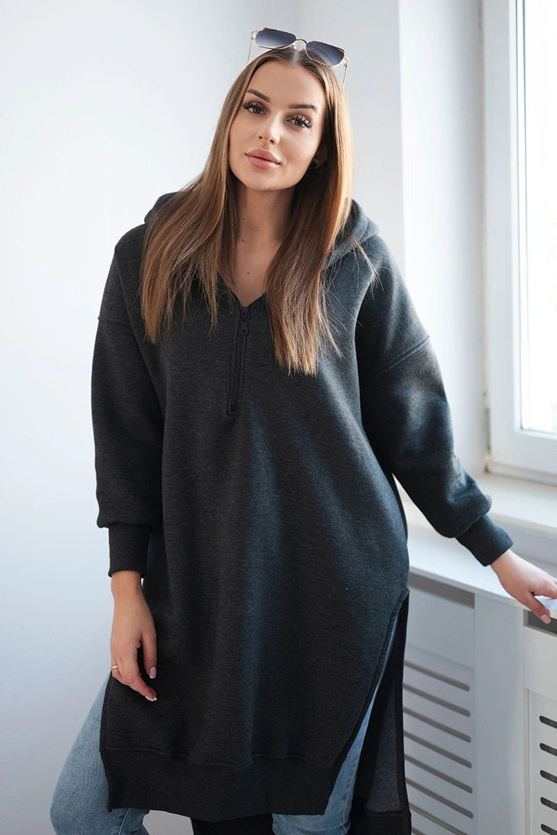 Insulated long hoodie with slits on the sides 9301 / – Graphite цвет / color | Lexline Fashion