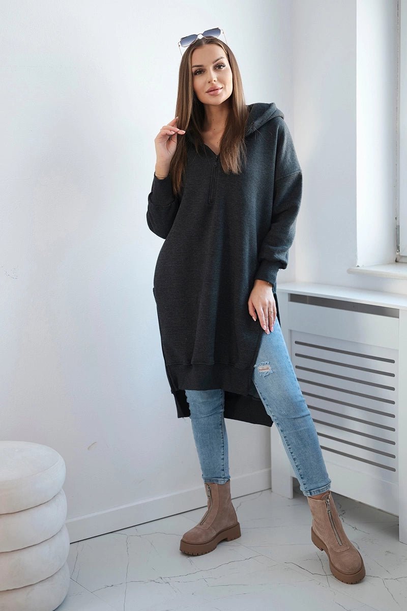 Insulated long hoodie with slits on the sides 9301 / – Graphite цвет / color | Lexline Fashion
