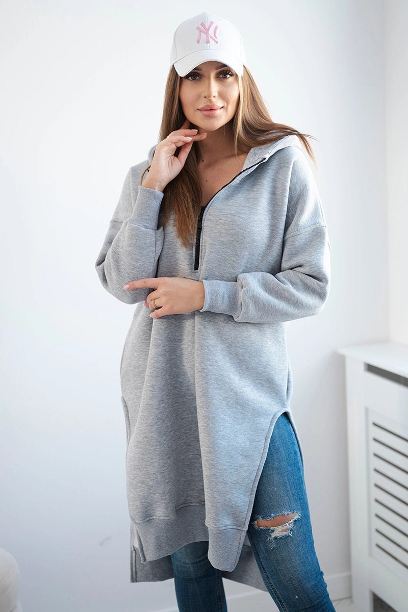 Insulated long hoodie with slits on the sides 9301 / – Gray цвет / color | Lexline Fashion