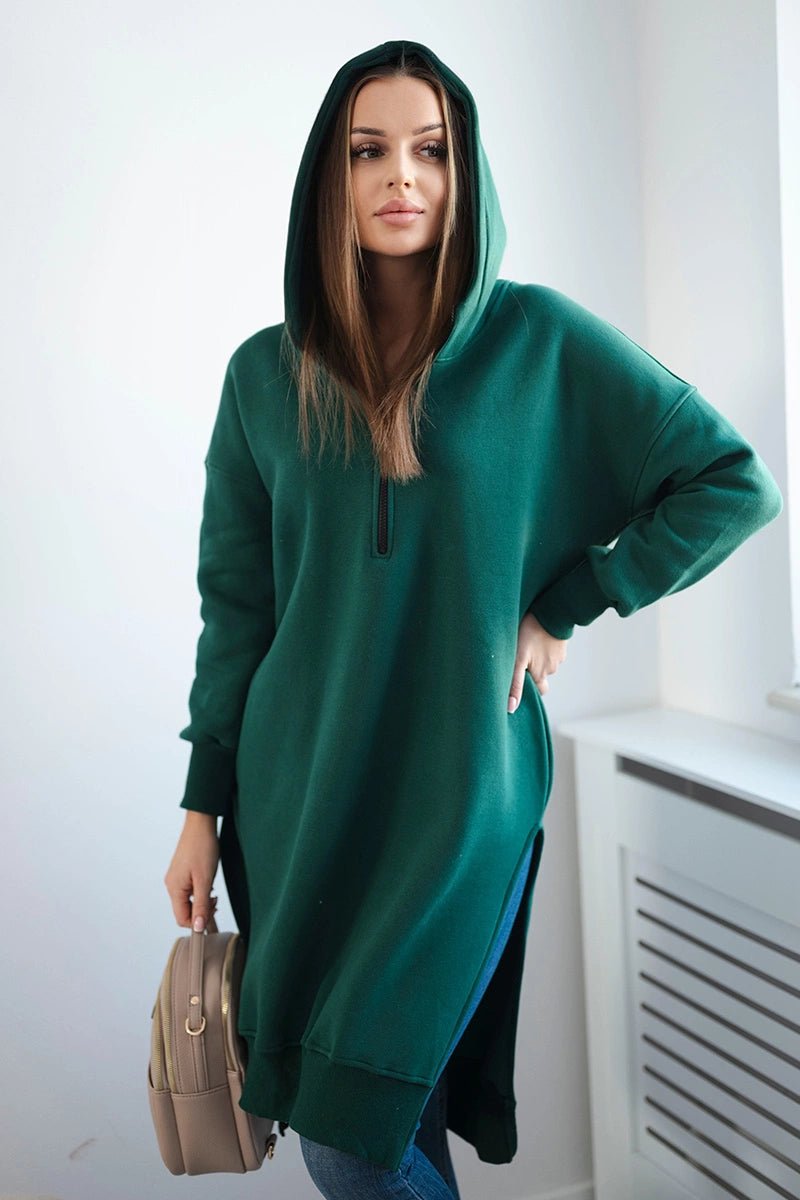 Insulated long hoodie with slits on the sides 9301 / – Green || Dark цвет / color | Lexline Fashion