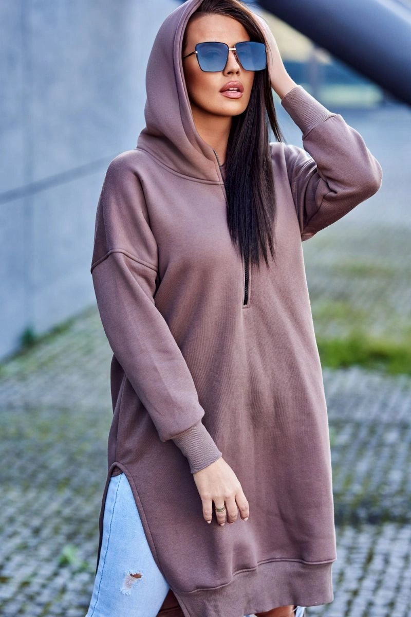 Insulated long hoodie with slits on the sides 9301 / – Mocca цвет / color | Lexline Fashion
