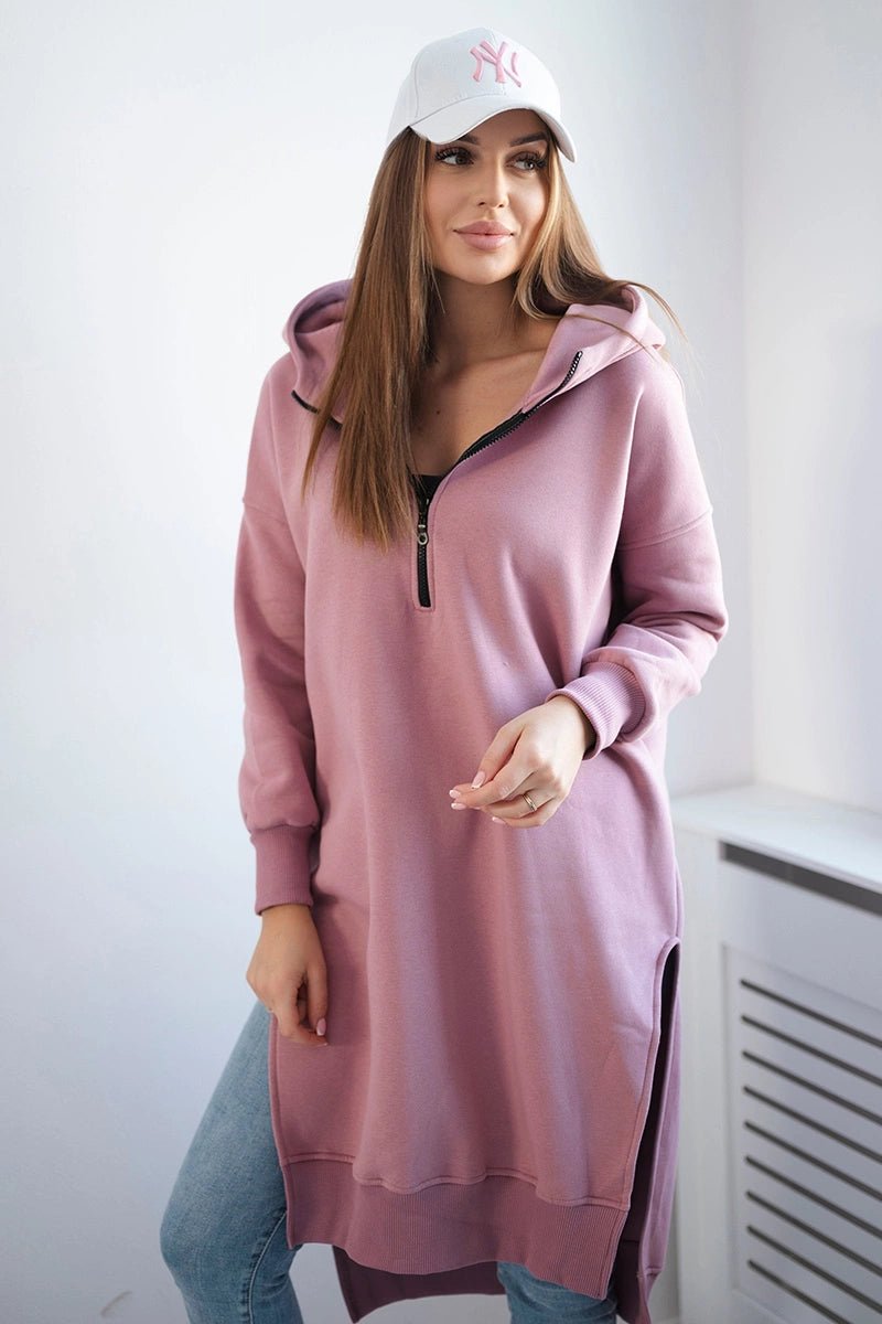 Insulated long hoodie with slits on the sides 9301 / – Pink || Dark цвет / color | Lexline Fashion