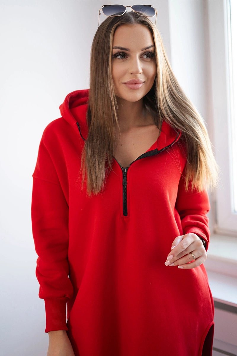 Insulated long hoodie with slits on the sides 9301 / – Red цвет / color | Lexline Fashion