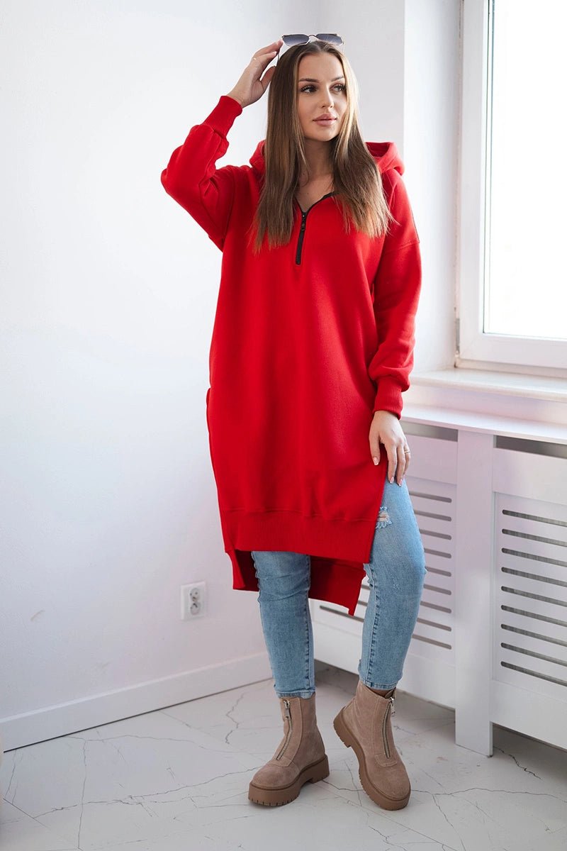 Insulated long hoodie with slits on the sides 9301 / – Red цвет / color | Lexline Fashion