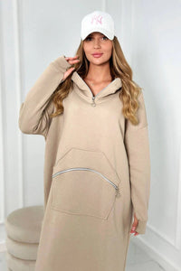 Insulated long sweatshirt with hood 9386 / – Dark || beige цвет / color | Lexline Fashion