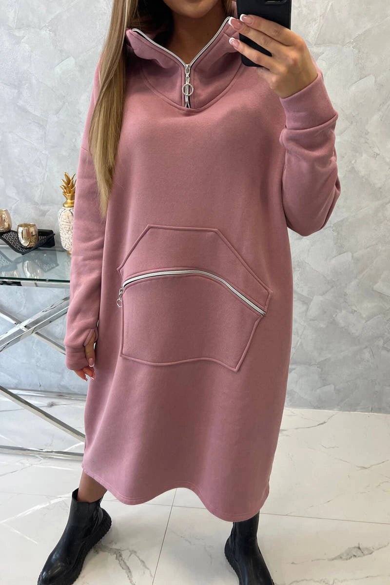 Insulated long sweatshirt with hood 9386 / – Pink || Dark цвет / color | Lexline Fashion