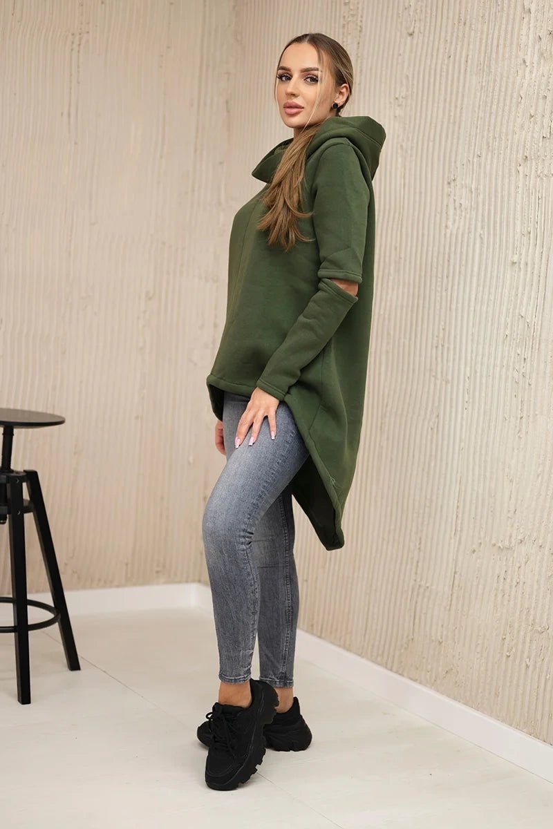Insulated sweatshirt with a longer back 9377 / – Khaki цвет / color | Lexline Fashion