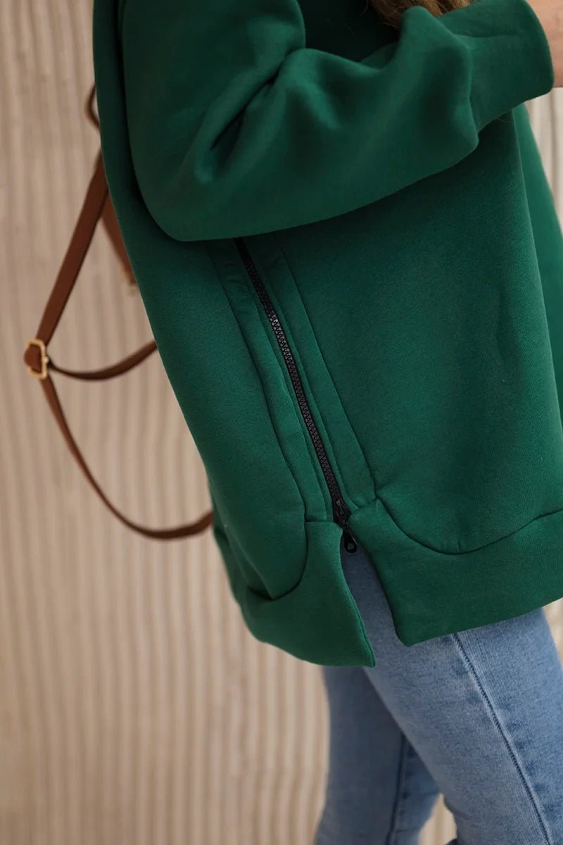 Insulated sweatshirt with a zipper on the side 9380 / – Green || Dark цвет / color | Lexline Fashion