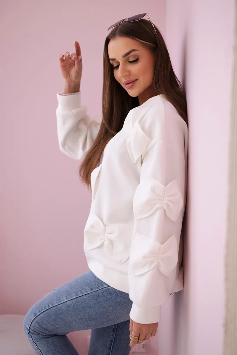 Insulated sweatshirt with decorative bows R9023 / – Ecru цвет / color | Lexline Fashion