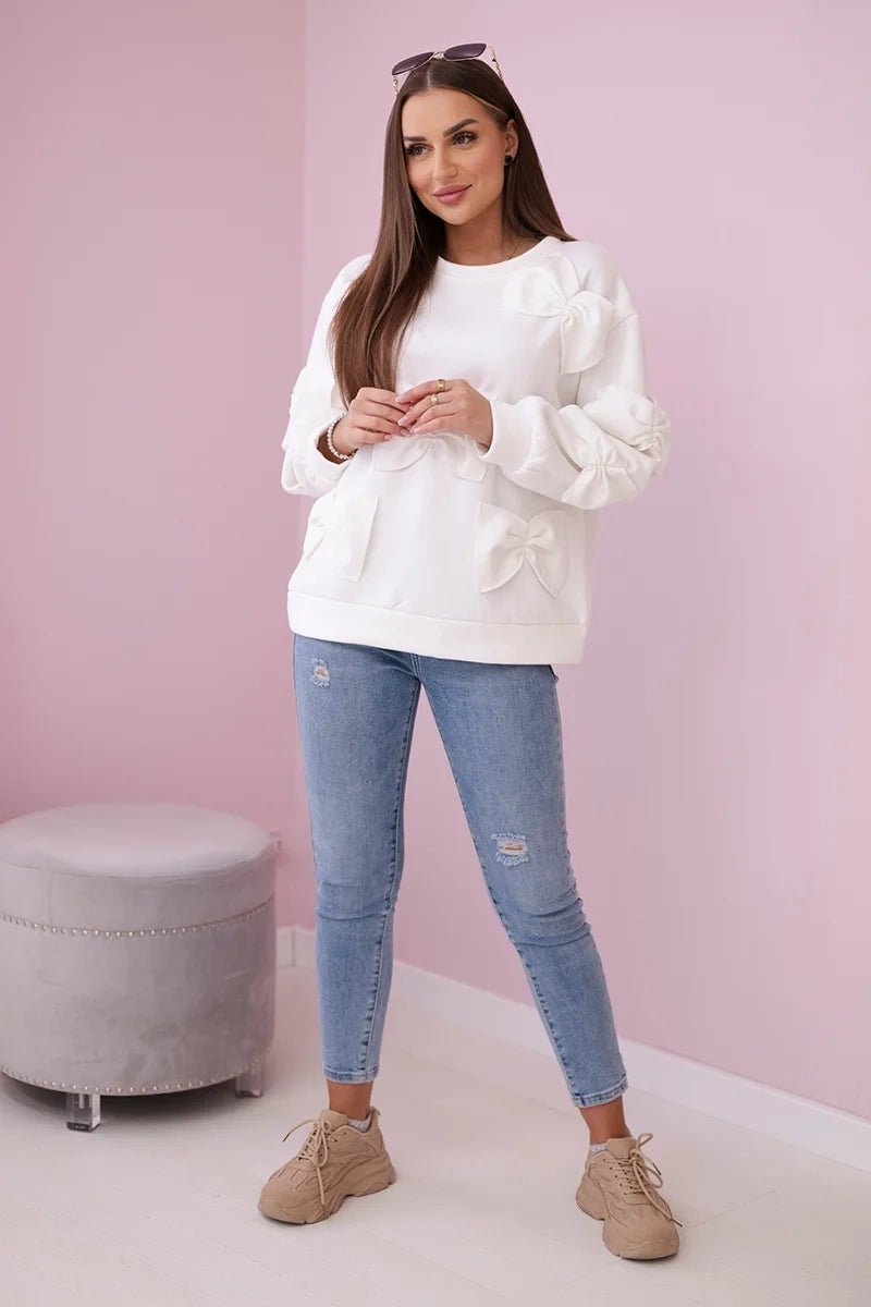 Insulated sweatshirt with decorative bows R9023 / – Ecru цвет / color | Lexline Fashion
