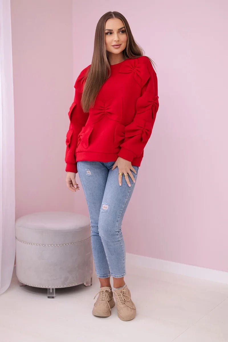 Insulated sweatshirt with decorative bows R9023 / – Red цвет / color | Lexline Fashion