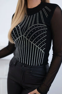 Knitted bodysuit blouse with tulle sleeves 9648 / – Black цвет / color | Lexline Fashion