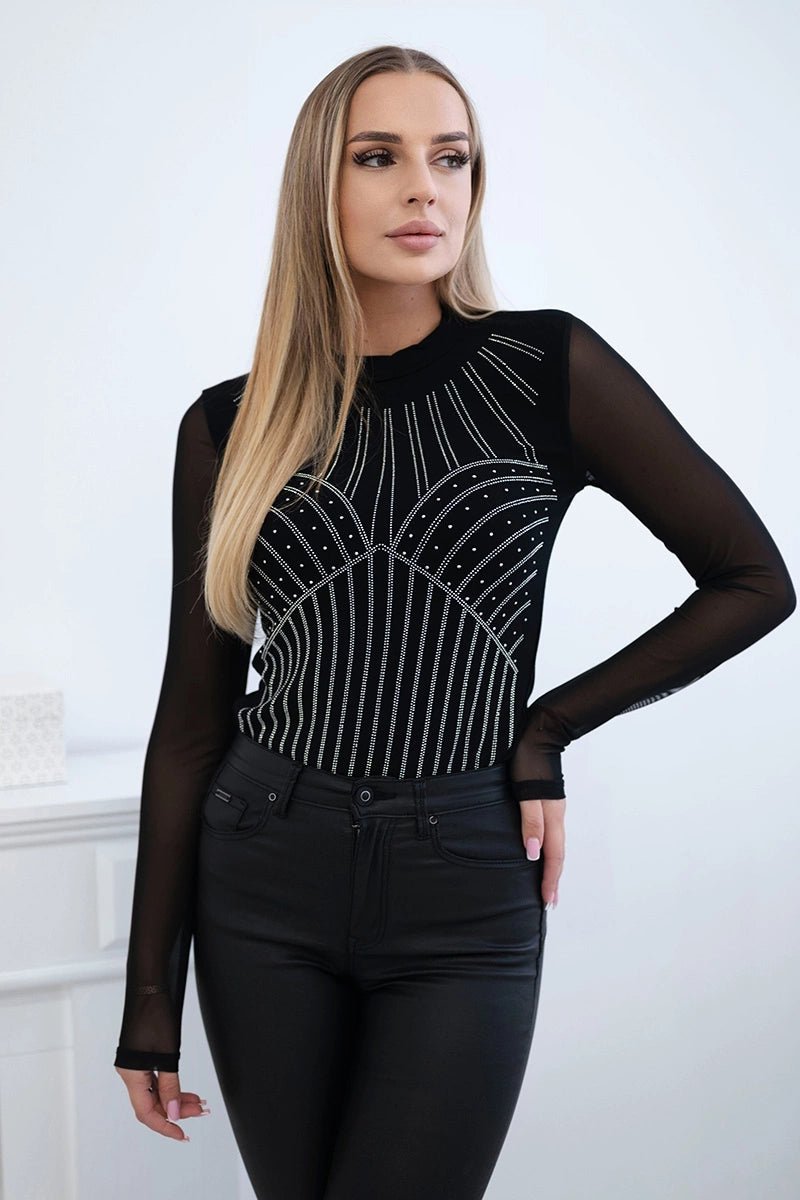 Knitted bodysuit blouse with tulle sleeves 9648 / – Black цвет / color | Lexline Fashion