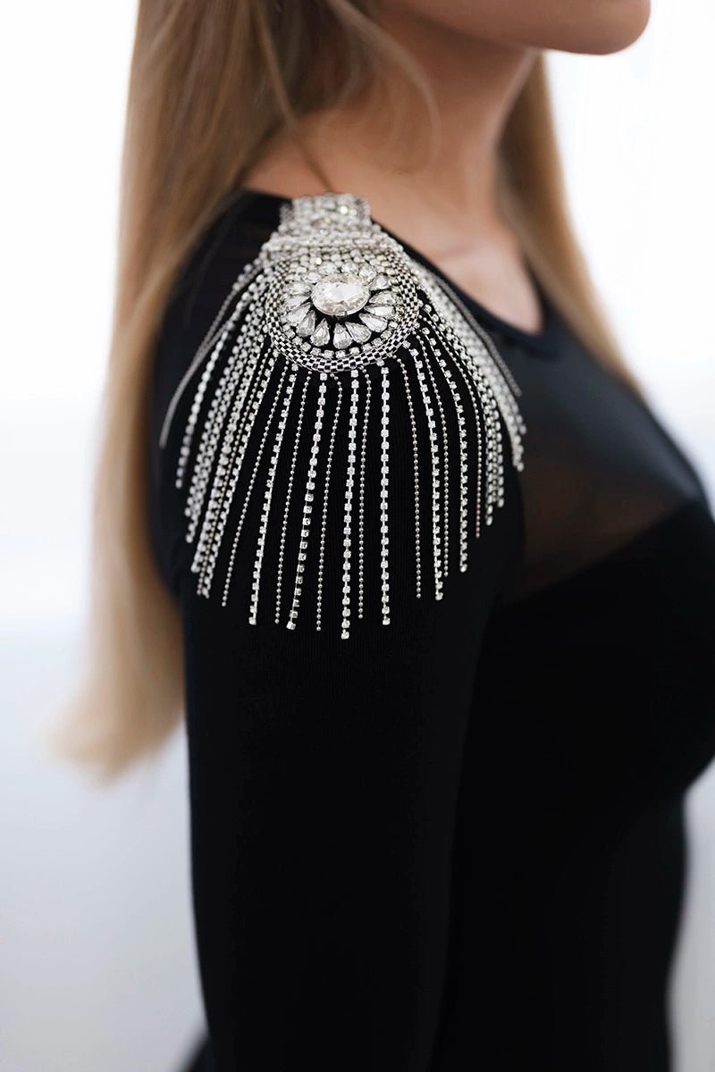 Knitted dress with embellishment on one shoulder 9652 / – Black цвет / color | Lexline Fashion