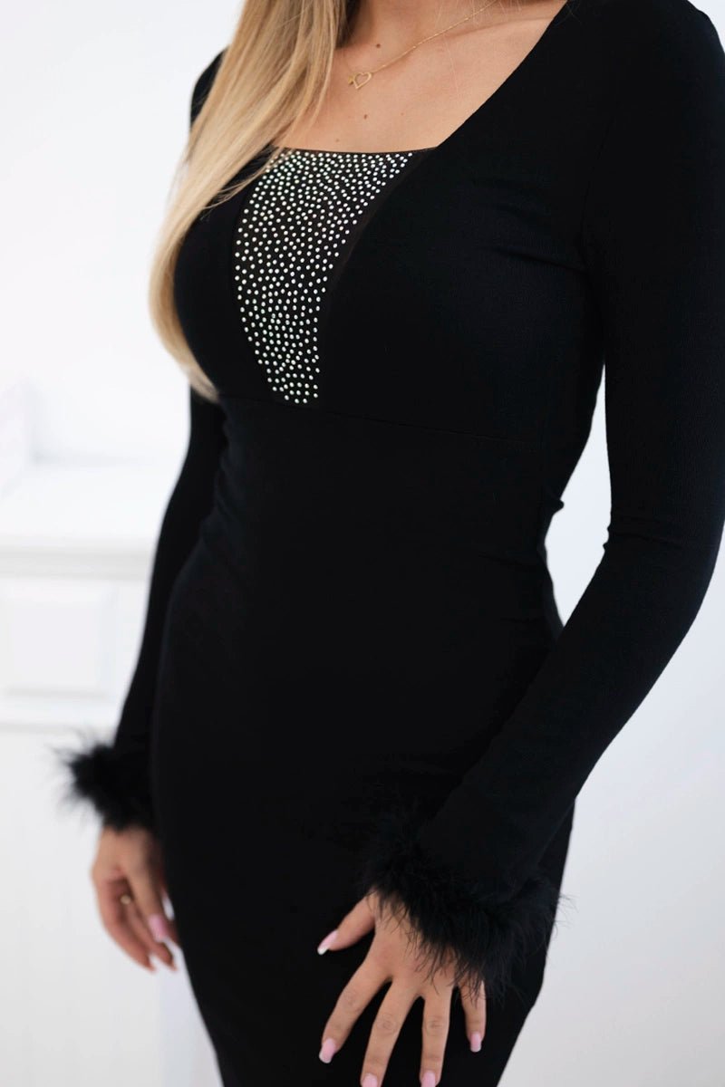 Knitted dress with fur on the cuffs 9417 / – Black цвет / color | Lexline Fashion