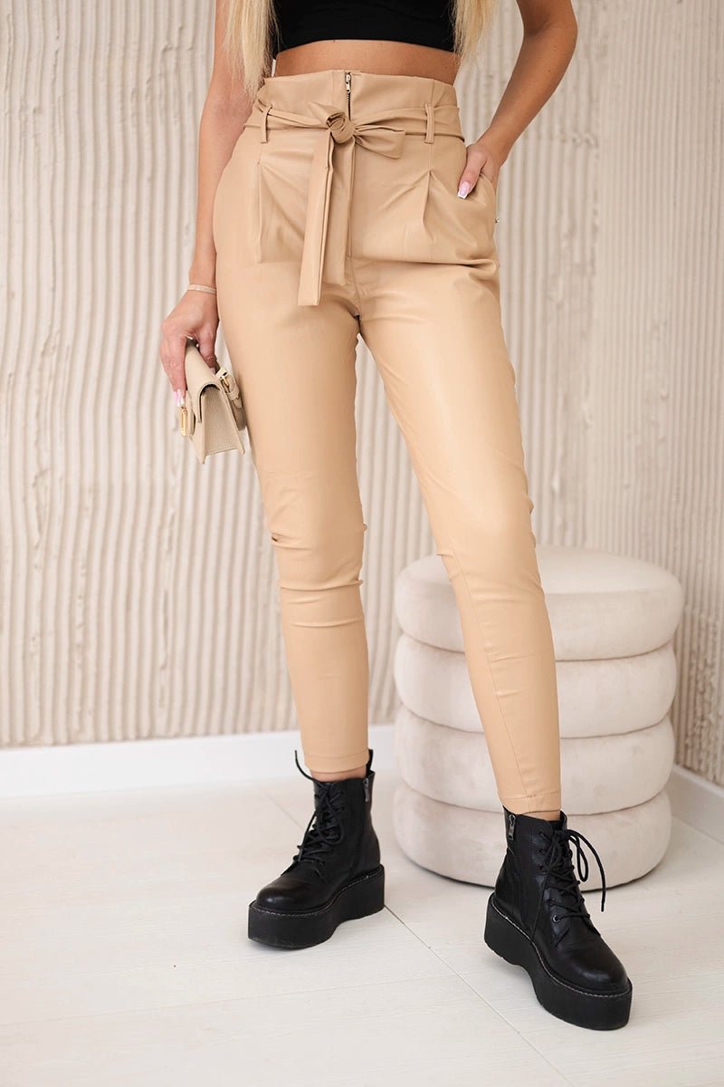 Leather trousers with a tie at the front 68758 / – Beige цвет / color | Lexline Fashion