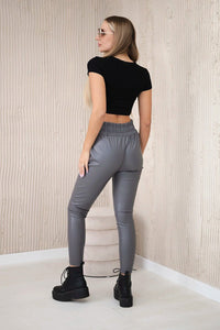 Leather trousers with a tie at the front 68758 / – Graphite цвет / color | Lexline Fashion