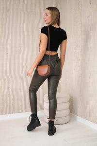 Leather trousers with a tie at the front 68758 / – Khaki цвет / color | Lexline Fashion