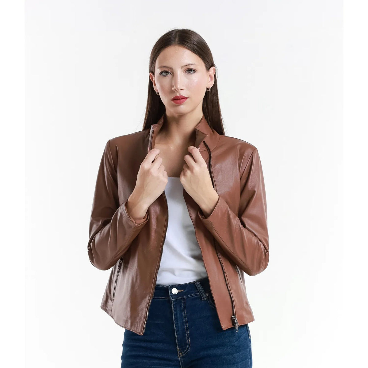 Leather Women's Jacket Made in Italy NLLP01 - 16 / – Cappuccino цвет / color | Lexline Fashion