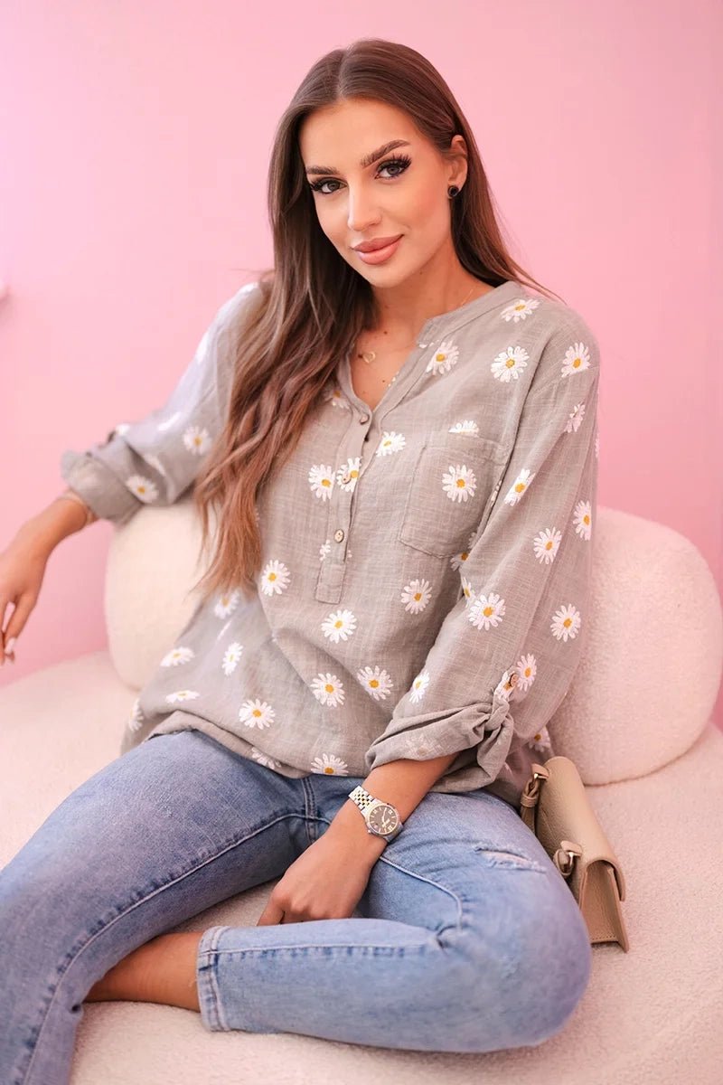 Linen Women's Blouse with Floral Pattern ART22062 / – Cappuccino цвет / color | Lexline Fashion