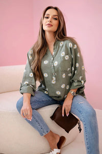 Linen Women's Blouse with Floral Pattern ART22062 / – Khaki цвет / color | Lexline Fashion