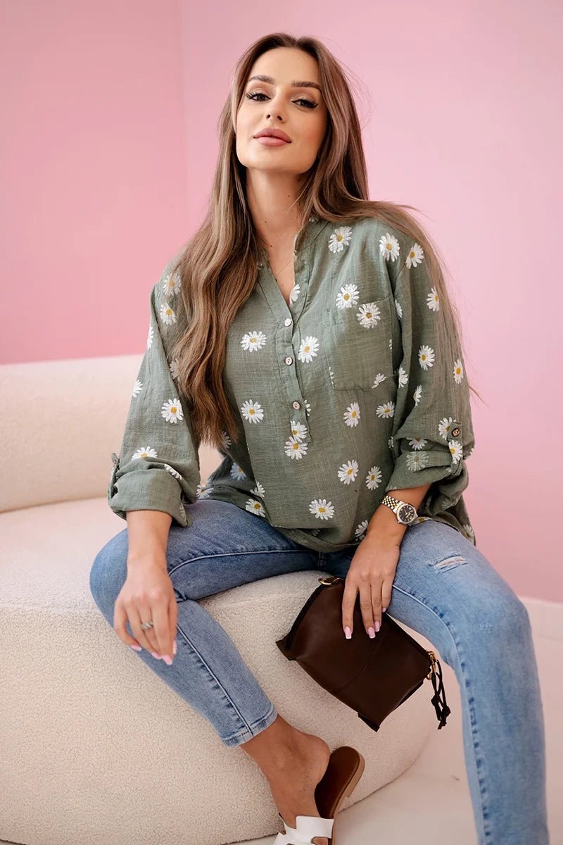 Linen Women's Blouse with Floral Pattern ART22062 / – Khaki цвет / color | Lexline Fashion