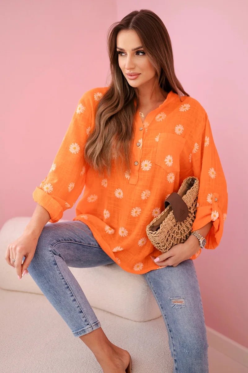 Linen Women's Blouse with Floral Pattern ART22062 / – Orange цвет / color | Lexline Fashion