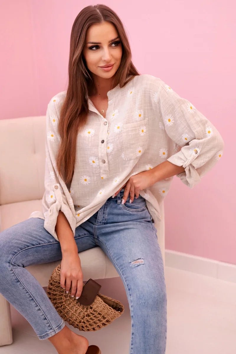 Linen Women's Blouse with Floral Pattern ART22062 / – White || Beige цвет / color | Lexline Fashion