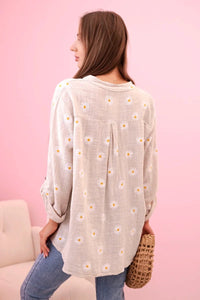 Linen Women's Blouse with Floral Pattern ART22062 / – White || Beige цвет / color | Lexline Fashion
