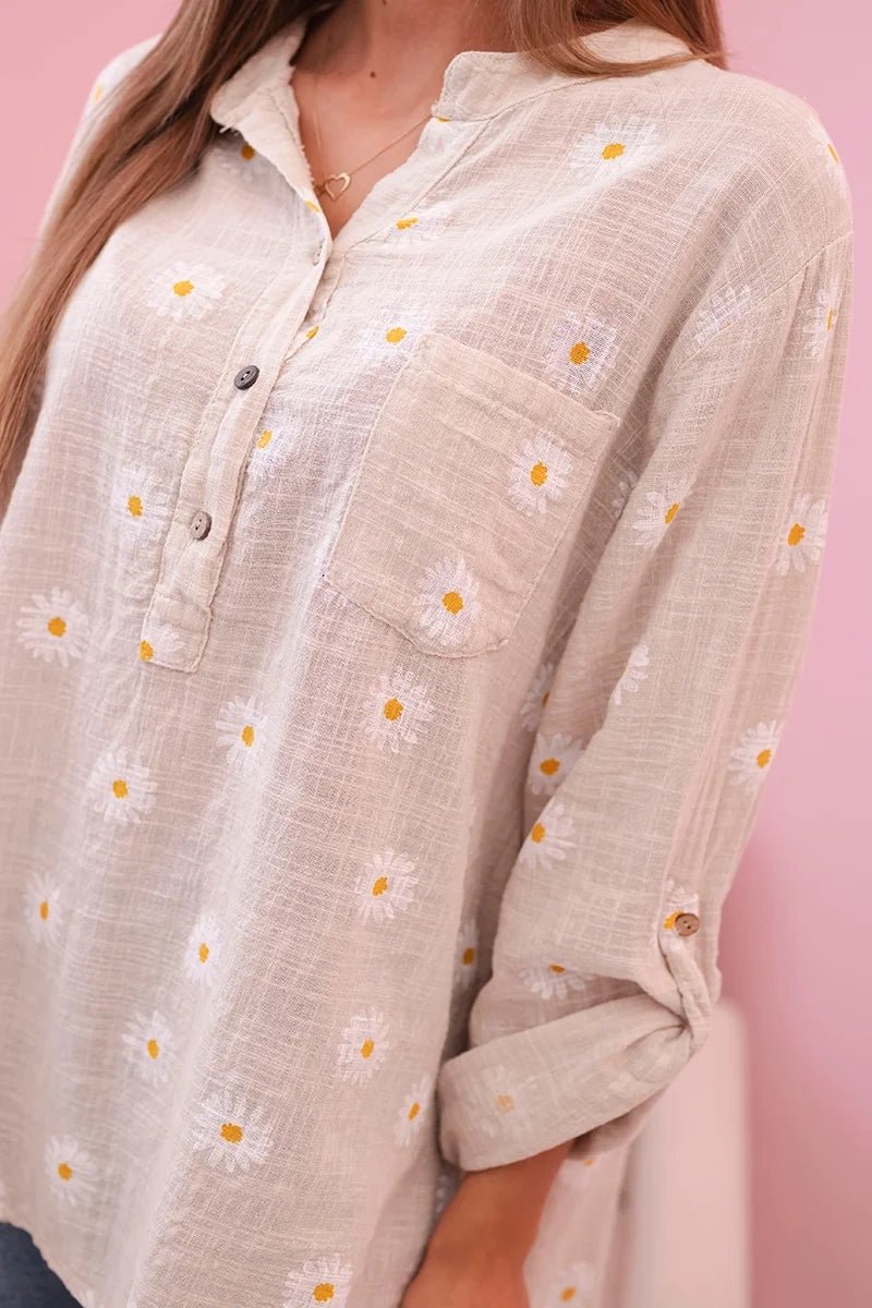 Linen Women's Blouse with Floral Pattern ART22062 / – White || Beige цвет / color | Lexline Fashion