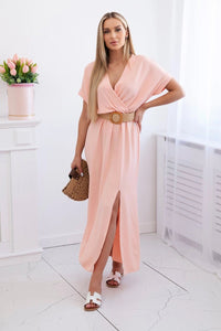 Long dress with a decorative belt 6012F / – Apricot цвет / color | Lexline Fashion