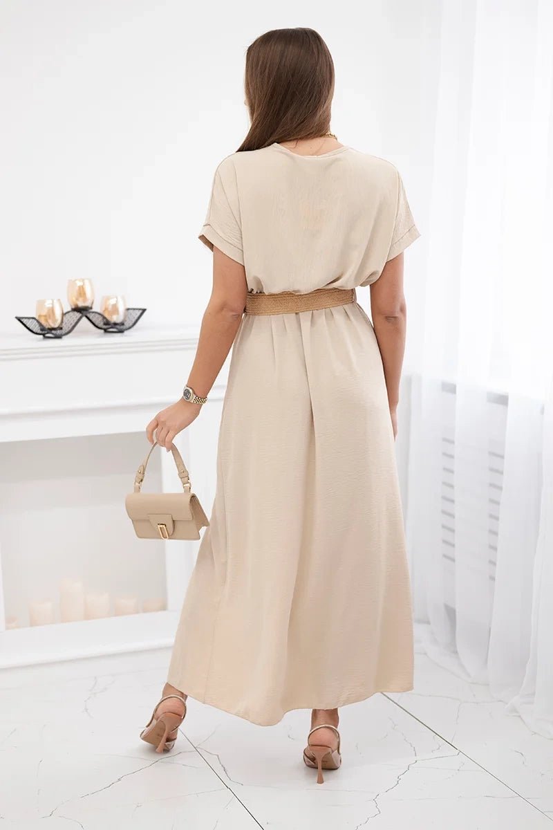 Long dress with a decorative belt 6012F / – Beige цвет / color | Lexline Fashion